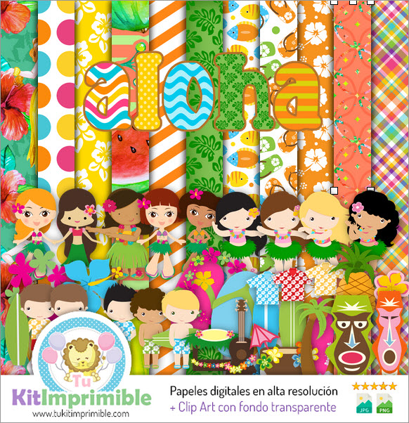 Papel Digital Fiesta Hawaiana Aloha M1 - Patrones, Personajes y Accesorios