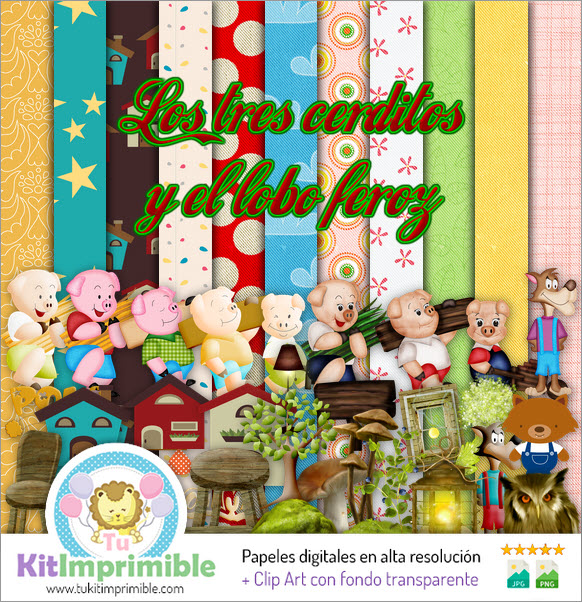 Papel Digital Los Tres Cerditos y El Lobo M1 - Patrones, Personajes y Accesorios